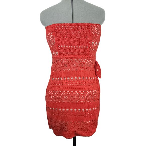 Free People Red Crochet Strapless Dress With Tie Detail Size L - Picture 2 of 16
